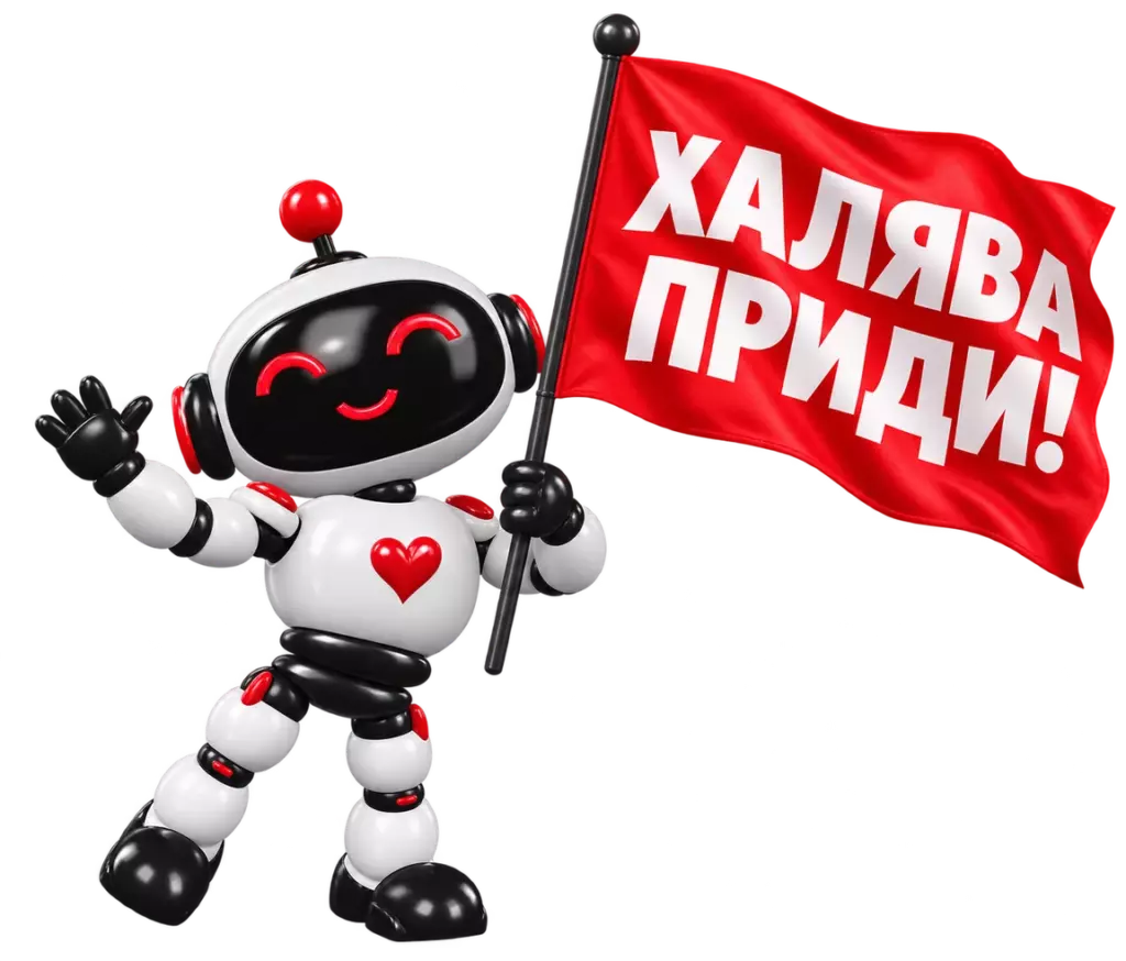 Маскот Автопилота с красным флагом «ХАЛЯВА ПРИДИ!» — создание сайта в подарок